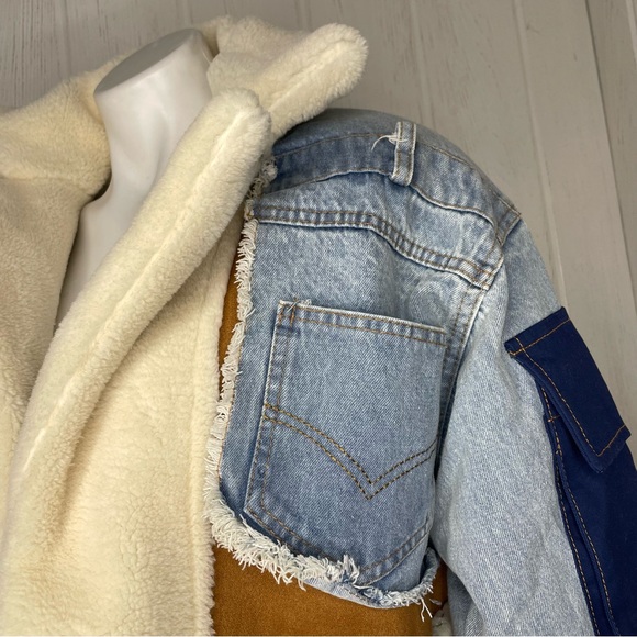 NWT BIDA Denim Patchwork Jacket Large Vegan Sherpa Coat Faux Suede Cropped NEW - Picture 5 of 10